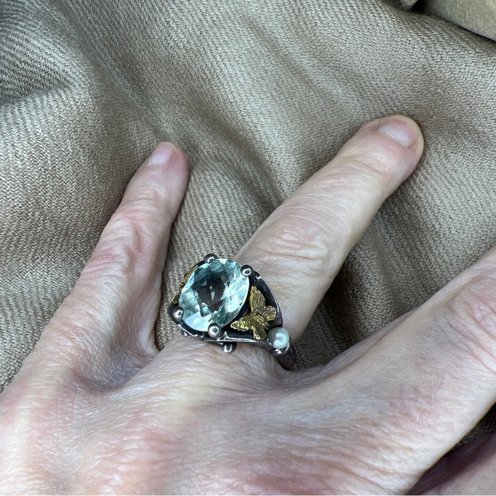 Ann king sterling silver 18K green amethyst/prasiolite pearl butterfly ring - Picture 15 of 16
